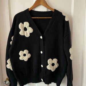 Black V-Neck Graphic Floral Button Cardigan by Cider